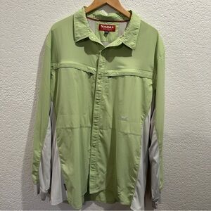 Simms Men's Fishing Snap Closure Green & Gray UPF 30 Long‎ Sleeve Shirt